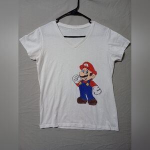 Hand Drawn Design Super Mario White Tshirt Sz S Art "S" On Hat Video Game Retro